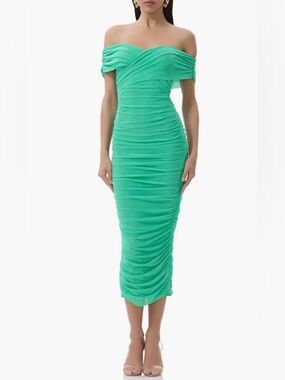 67. AFRM Belmont Off the Shoulder Ruched Mesh Midi Dress